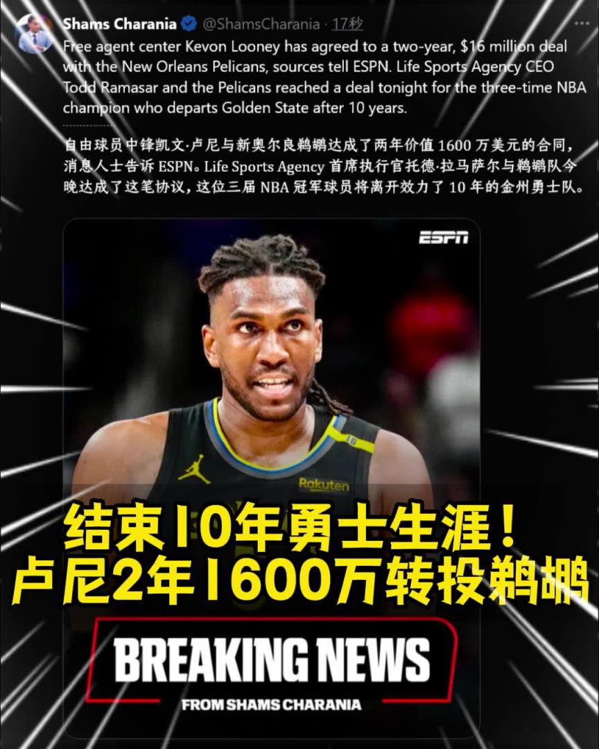 勇士的冠军中锋离队!Shams:卢尼2年1600万签约鹈鹕
