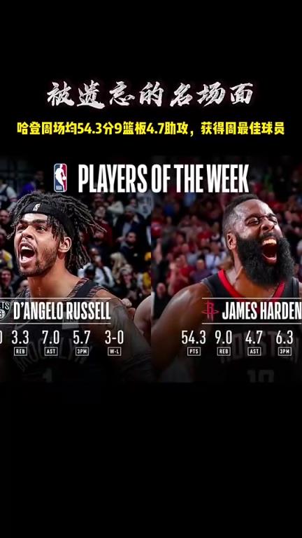 能有人超越吗!19年的哈登场均54.3分获得了周最佳~