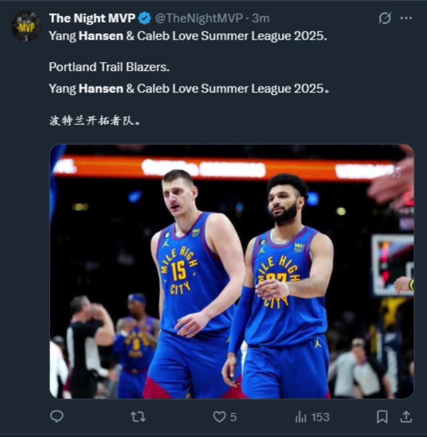 美媒:杨瀚森和小乐福的组合,简直就是开拓者版的约基奇+穆雷!