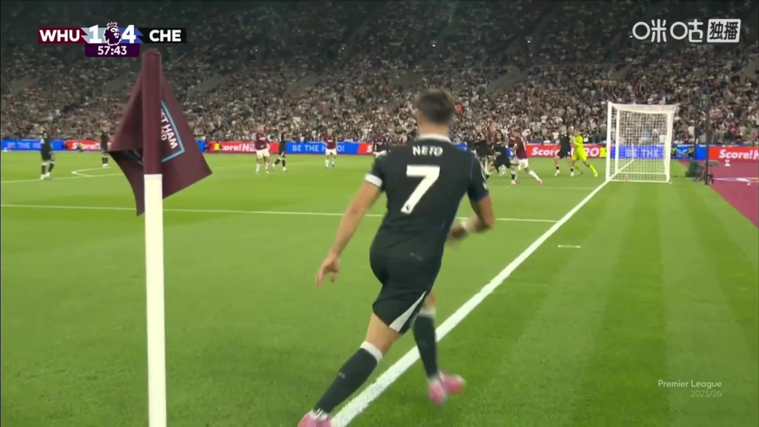 佩德罗头球摆渡,查洛巴门前垫射破门!切尔西5-1领先西汉姆!