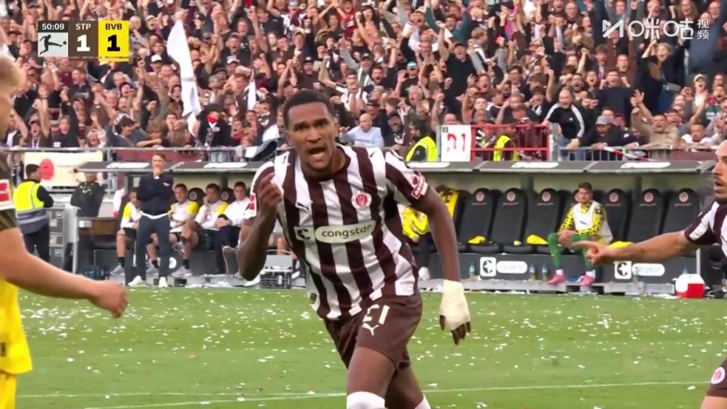 多特1-1遭圣保利扳平!洪通吉头球破门攻入个人德甲首球!