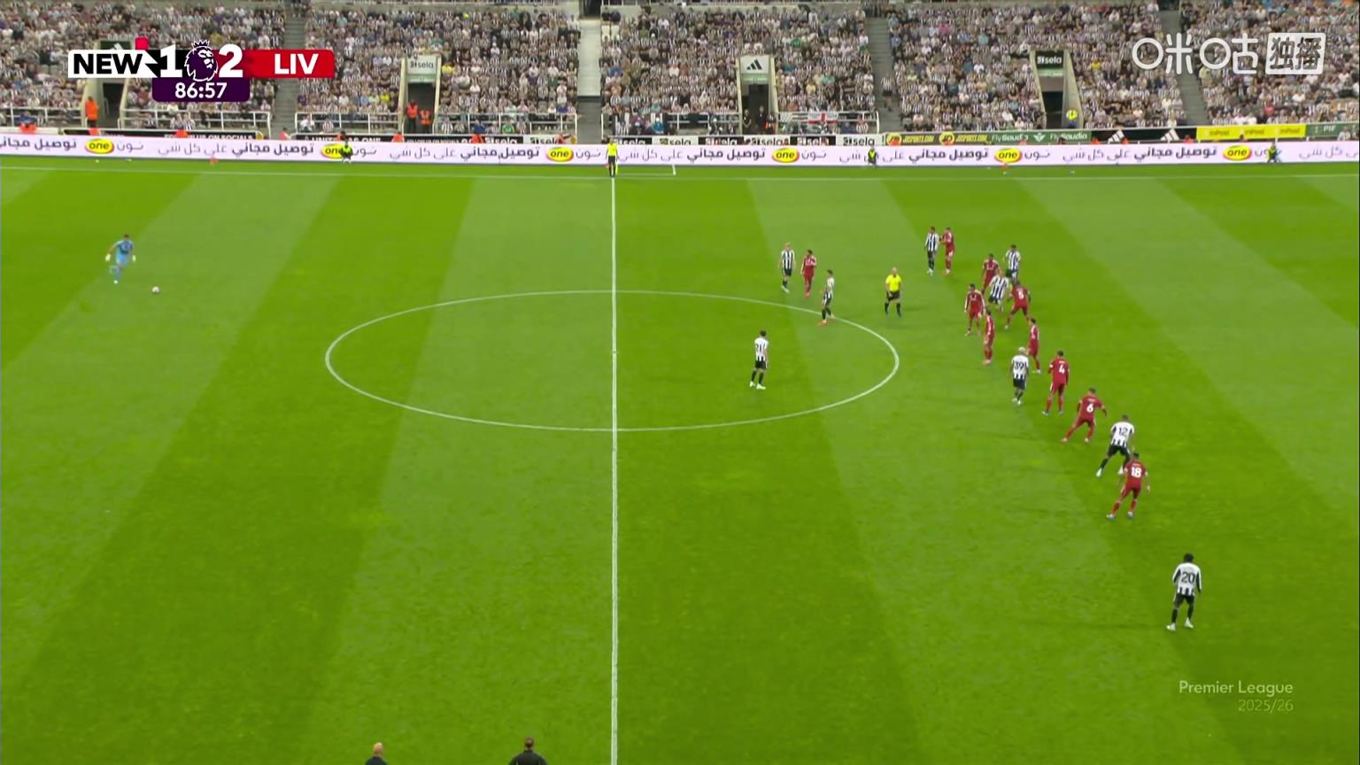 利物浦连丢两球！纽卡后场定位球吊向禁区，奥苏拉破门